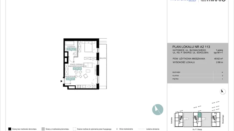 Rzut - Mieszkanie na sprzedaż 1 pokój o powierzchni 45,62 m² - numer A2 113 w Mikato
