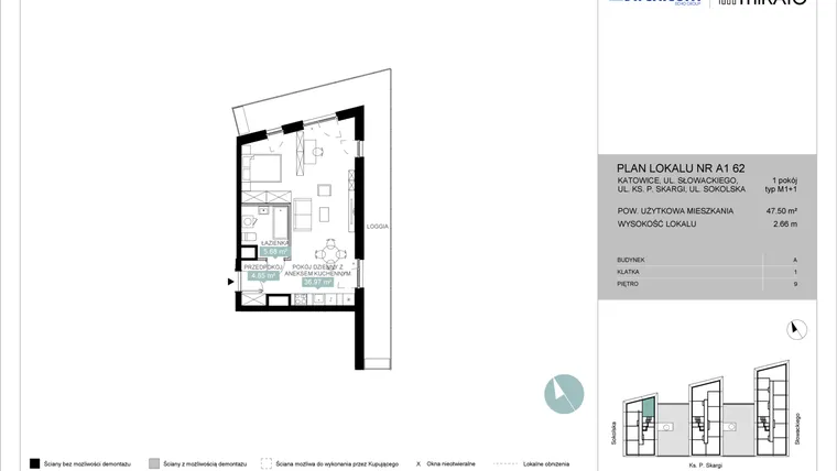 Rzut - Mieszkanie na sprzedaż 1 pokój o powierzchni 47,54 m² - numer A1 62 w Mikato