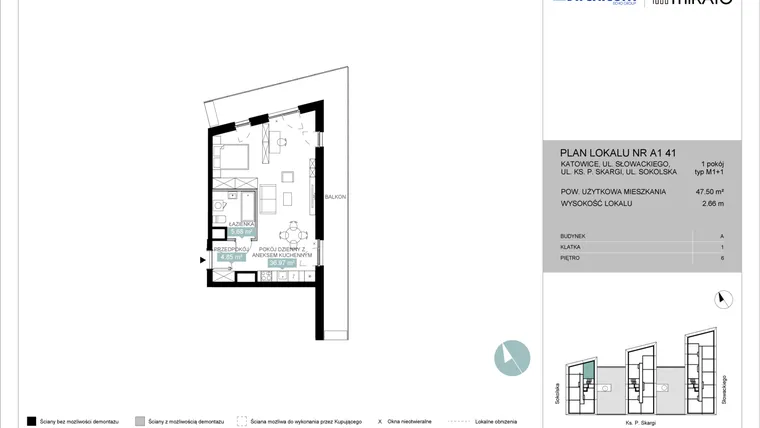 Rzut - Mieszkanie na sprzedaż 1 pokój o powierzchni 47,54 m² - numer A1 41 w Mikato