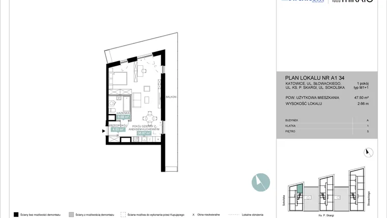 Rzut - Mieszkanie na sprzedaż 1 pokój o powierzchni 47,54 m² - numer A1 34 w Mikato
