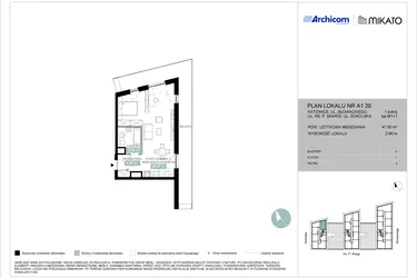 Rzut - Mieszkanie na sprzedaż 1 pokój o powierzchni 47,54 m² - numer A1 20 w Mikato