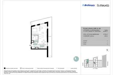 Rzut - Mieszkanie na sprzedaż 1 pokój o powierzchni 47,54 m² - numer A1 83 w Mikato