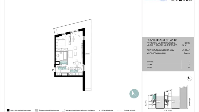 Rzut - Mieszkanie na sprzedaż 1 pokój o powierzchni 47,54 m² - numer A1 83 w Mikato