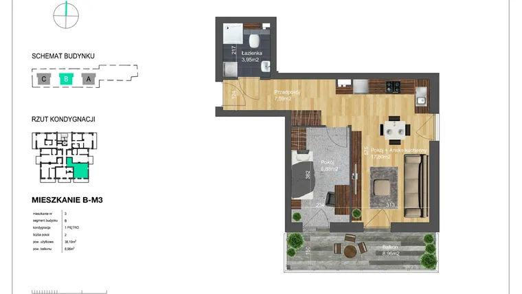 Rzut - Mieszkanie na sprzedaż 2 pokoje o powierzchni 38,19 m² - numer B-M3 w Bunscha Park 4.0