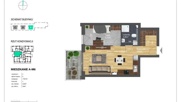 Rzut - Mieszkanie na sprzedaż 2 pokoje o powierzchni 39,59 m² - numer A-M6 w Bunscha Park 4.0