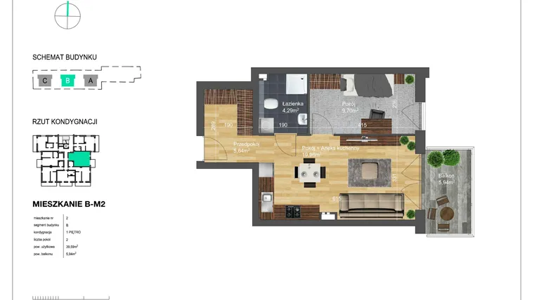 Rzut - Mieszkanie na sprzedaż 2 pokoje o powierzchni 39,59 m² - numer B-M2 w Bunscha Park 4.0