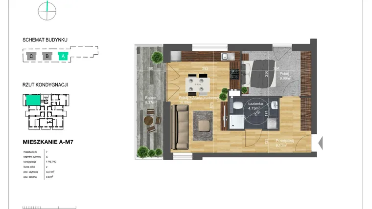 Rzut - Mieszkanie na sprzedaż 2 pokoje o powierzchni 43,74 m² - numer A-M7 w Bunscha Park 4.0