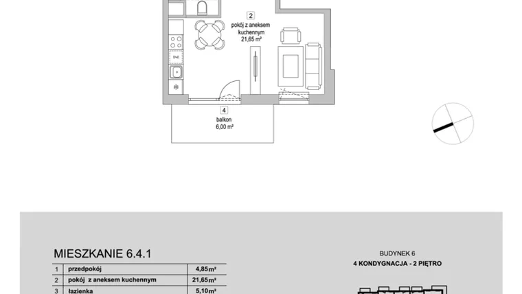 Rzut - Mieszkanie na sprzedaż 1 pokój o powierzchni 31,6 m² - numer 6.4.1 w Osiedle Przyjemne III
