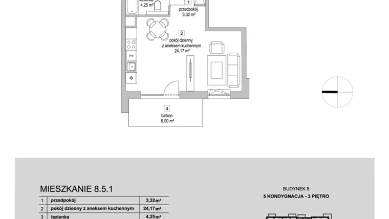 Rzut - Mieszkanie na sprzedaż 1 pokój o powierzchni 31,74 m² - numer 8.5.1 w Osiedle Przyjemne III