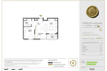 Rzut - Mieszkanie na sprzedaż 2 pokoje o powierzchni 43,98 m² - numer WKJ-LM-17 w Wola Księcia Janusza