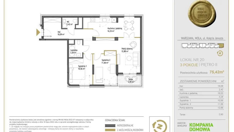 Rzut - Mieszkanie na sprzedaż 3 pokoje o powierzchni 75,42 m² - numer WKJ-LM-20 w Wola Księcia Janusza