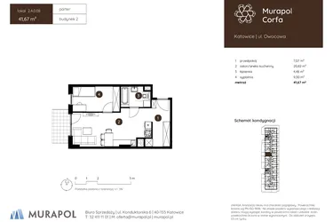Rzut - Mieszkanie na sprzedaż 2 pokoje o powierzchni 41,67 m² - numer 2.A.0.08 w Murapol Corfa