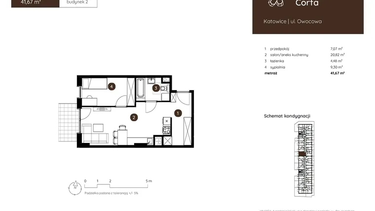 Rzut - Mieszkanie na sprzedaż 2 pokoje o powierzchni 41,67 m² - numer 2.A.0.08 w Murapol Corfa