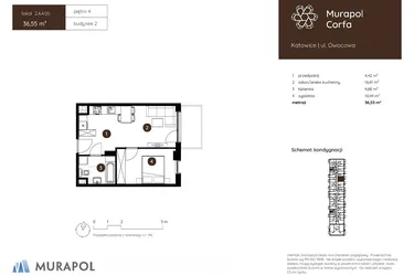 Rzut - Mieszkanie na sprzedaż 2 pokoje o powierzchni 36,55 m² - numer 2.A.4.05 w Murapol Corfa