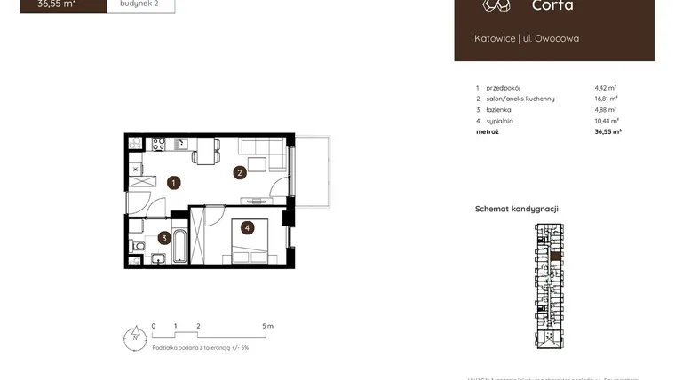 Rzut - Mieszkanie na sprzedaż 2 pokoje o powierzchni 36,55 m² - numer 2.A.4.05 w Murapol Corfa