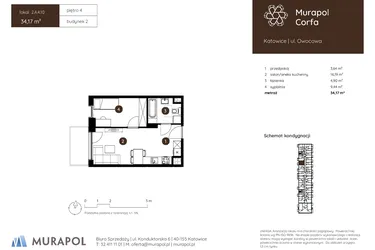 Rzut - Mieszkanie na sprzedaż 2 pokoje o powierzchni 34,17 m² - numer 2.A.4.10 w Murapol Corfa