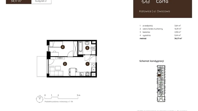 Rzut - Mieszkanie na sprzedaż 2 pokoje o powierzchni 34,17 m² - numer 2.A.4.10 w Murapol Corfa