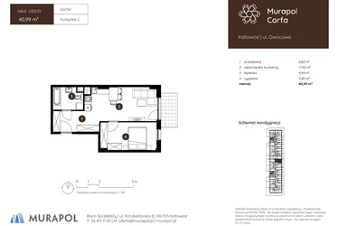 Rzut - Mieszkanie na sprzedaż 2 pokoje o powierzchni 40,99 m² - numer 2.B.0.03 w Murapol Corfa