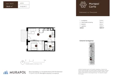 Rzut - Mieszkanie na sprzedaż 2 pokoje o powierzchni 38,49 m² - numer 2.B.0.12 w Murapol Corfa