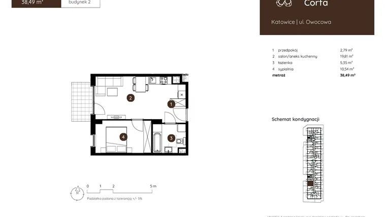 Rzut - Mieszkanie na sprzedaż 2 pokoje o powierzchni 38,49 m² - numer 2.B.0.12 w Murapol Corfa