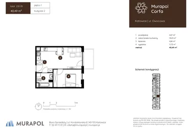 Rzut - Mieszkanie na sprzedaż 2 pokoje o powierzchni 40,49 m² - numer 2.B.1.05 w Murapol Corfa