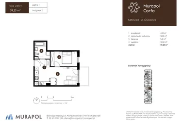 Rzut - Mieszkanie na sprzedaż 2 pokoje o powierzchni 39,23 m² - numer 2.B.1.04 w Murapol Corfa
