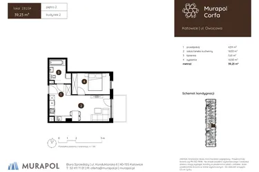 Rzut - Mieszkanie na sprzedaż 2 pokoje o powierzchni 39,23 m² - numer 2.B.2.04 w Murapol Corfa