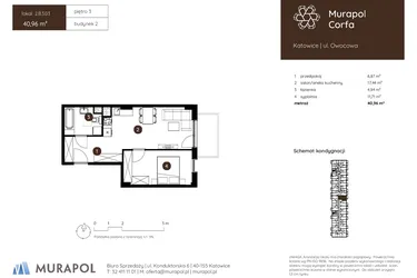 Rzut - Mieszkanie na sprzedaż 2 pokoje o powierzchni 40,96 m² - numer 2.B.3.03 w Murapol Corfa
