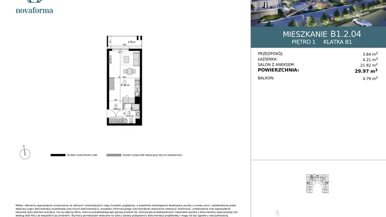 Rzut - Mieszkanie na sprzedaż 1 pokój o powierzchni 29,75 m² - numer B1.2.04 w Novaforma II