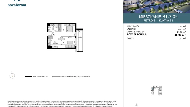 Rzut - Mieszkanie na sprzedaż 1 pokój o powierzchni 36,91 m² - numer B1.3.05 w Novaforma II