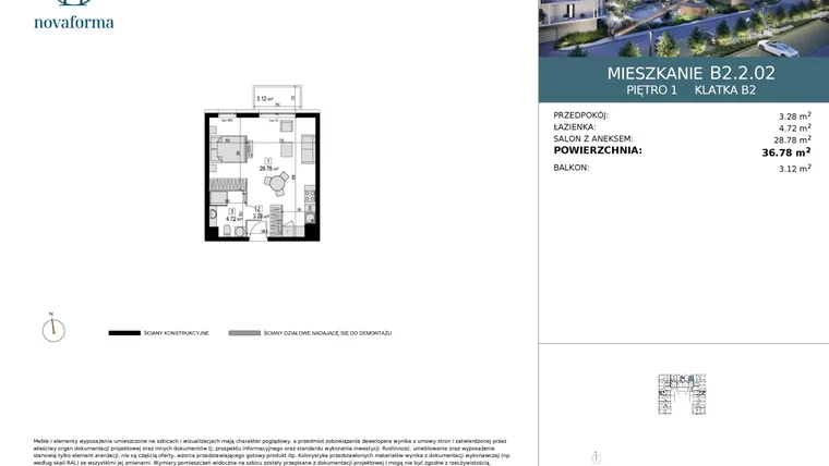 Rzut - Mieszkanie na sprzedaż 1 pokój o powierzchni 36,67 m² - numer B2.2.02 w Novaforma II
