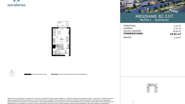 Rzut - Mieszkanie na sprzedaż 1 pokój o powierzchni 25,77 m² - numer B2.3.07 w Novaforma II