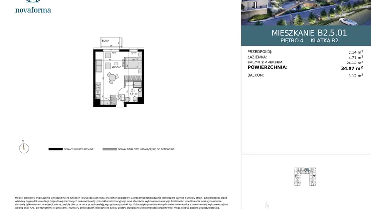 Rzut - Mieszkanie na sprzedaż 1 pokój o powierzchni 34,98 m² - numer B2.5.01 w Novaforma II