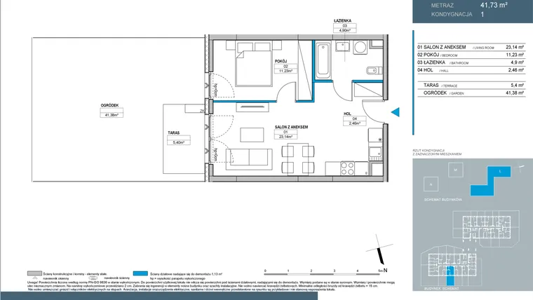 Rzut - Mieszkanie na sprzedaż 2 pokoje o powierzchni 41,7 m² - numer L1.1.04 w Nordic Bemowo - etap III
