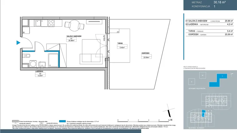 Rzut - Mieszkanie na sprzedaż 1 pokój o powierzchni 30,2 m² - numer L1.1.10 w Nordic Bemowo - etap III