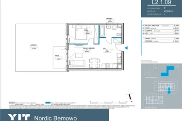 Rzut - Mieszkanie na sprzedaż 2 pokoje o powierzchni 42,6 m² - numer L2.1.09 w Nordic Bemowo - etap III