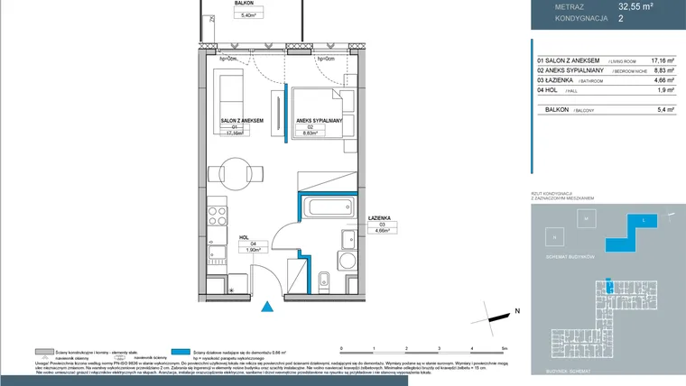 Rzut - Mieszkanie na sprzedaż 1 pokój o powierzchni 32,55 m² - numer L2.2.04 w Nordic Bemowo - etap III