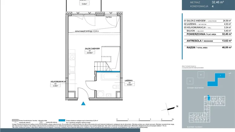 Rzut - Mieszkanie na sprzedaż 2 pokoje o powierzchni 46,33 m² - numer L2.4.04 w Nordic Bemowo - etap III
