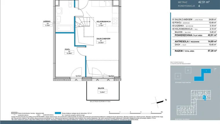 Rzut - Mieszkanie na sprzedaż 3 pokoje o powierzchni 56,88 m² - numer L2.4.10 w Nordic Bemowo - etap III