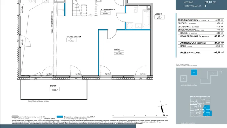 Rzut - Mieszkanie na sprzedaż 4 pokoje o powierzchni 108,76 m² - numer M4.04 w Nordic Bemowo - etap III