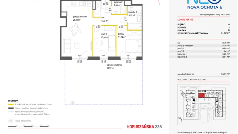 Rzut - Mieszkanie na sprzedaż 3 pokoje o powierzchni 64,02 m² - numer 65 w Neo Nova Ochota 6