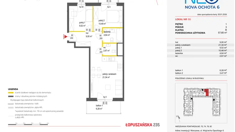 Rzut - Mieszkanie na sprzedaż 3 pokoje o powierzchni 57,65 m² - numer 66 w Neo Nova Ochota 6