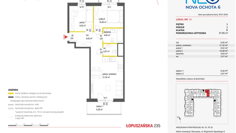 Rzut - Mieszkanie na sprzedaż 3 pokoje o powierzchni 57,65 m² - numer 74 w Neo Nova Ochota 6
