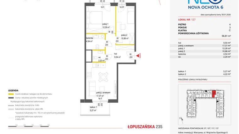 Rzut - Mieszkanie na sprzedaż 3 pokoje o powierzchni 56,81 m² - numer 127 w Neo Nova Ochota 6