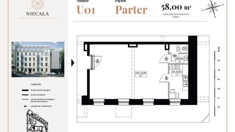 Rzut - Lokal użytkowy na sprzedaż 1 pokój o powierzchni 58 m² - numer U1 w Niecała Prestige Residence