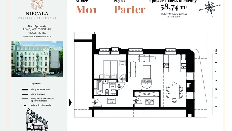 Rzut - Mieszkanie na sprzedaż 3 pokoje o powierzchni 58,74 m² - numer 1 w Niecała Prestige Residence