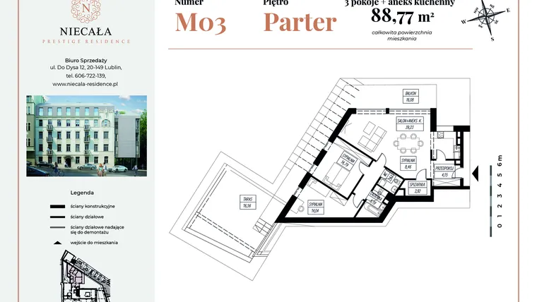 Rzut - Mieszkanie na sprzedaż 3 pokoje o powierzchni 88,77 m² - numer 3 w Niecała Prestige Residence