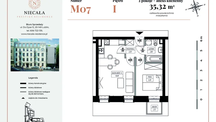 Rzut - Mieszkanie na sprzedaż 2 pokoje o powierzchni 35,32 m² - numer 7 w Niecała Prestige Residence