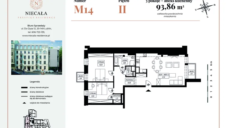 Rzut - Mieszkanie na sprzedaż 3 pokoje o powierzchni 93,86 m² - numer 14 w Niecała Prestige Residence