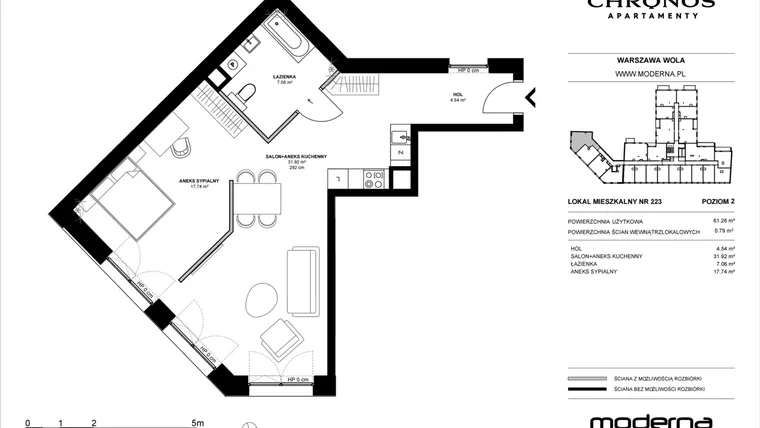 Rzut - Mieszkanie na sprzedaż 2 pokoje o powierzchni 61,26 m² - numer 223 w Chronos etap II